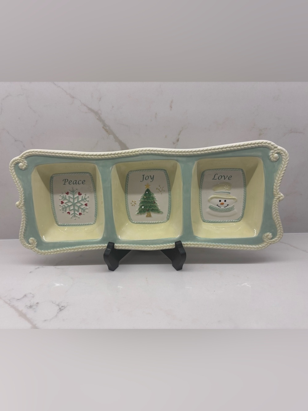 Bella Casa Ganz Holiday Christmas Triple Dip Serving Tray Peace Joy Love Pastel